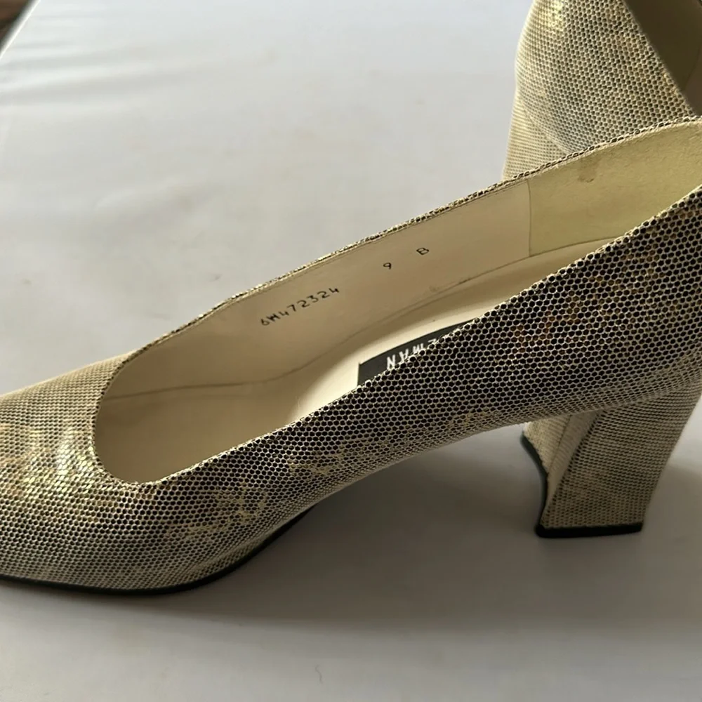 STUART WEITZMAN: Vintage 90s Champagne Faux Snakeskin Chunky Heels Size 9 (EEEE) - Picture 5 of 9